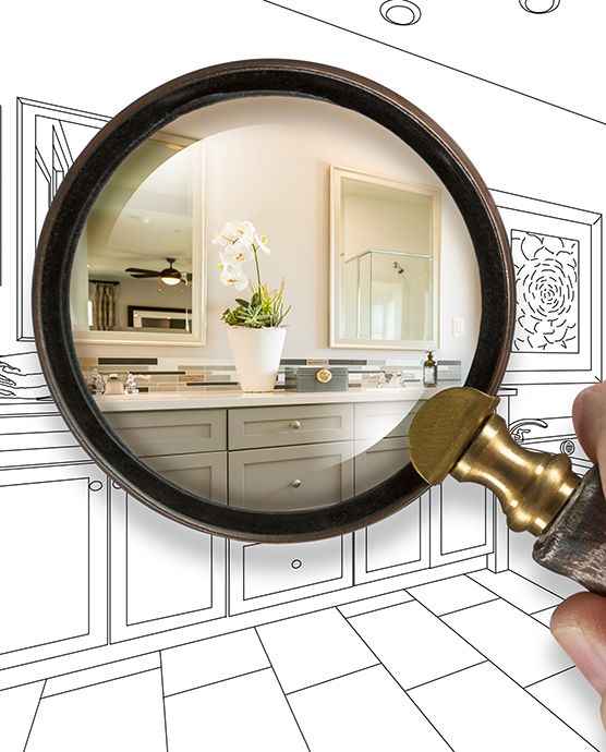 Plano de un baño con una lupa donde se a través de ella el resultado final.